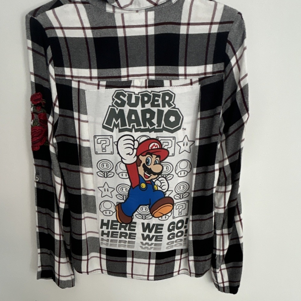 GUESS Women Plaid Shirt Super Mario Graphic Rose Embroidery Black White Red M